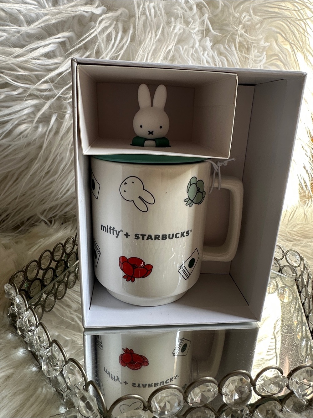 Starbucks White Ceramic Miffy Mug with Green Lid and Red Accents